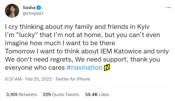 s1mple:我一想着我在 基辅 的家人和朋友就想哭