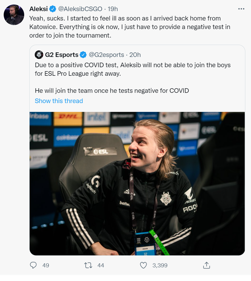 CSGO G2指挥 Aleksib新冠阳性 ,老将AMANEK紧急替补